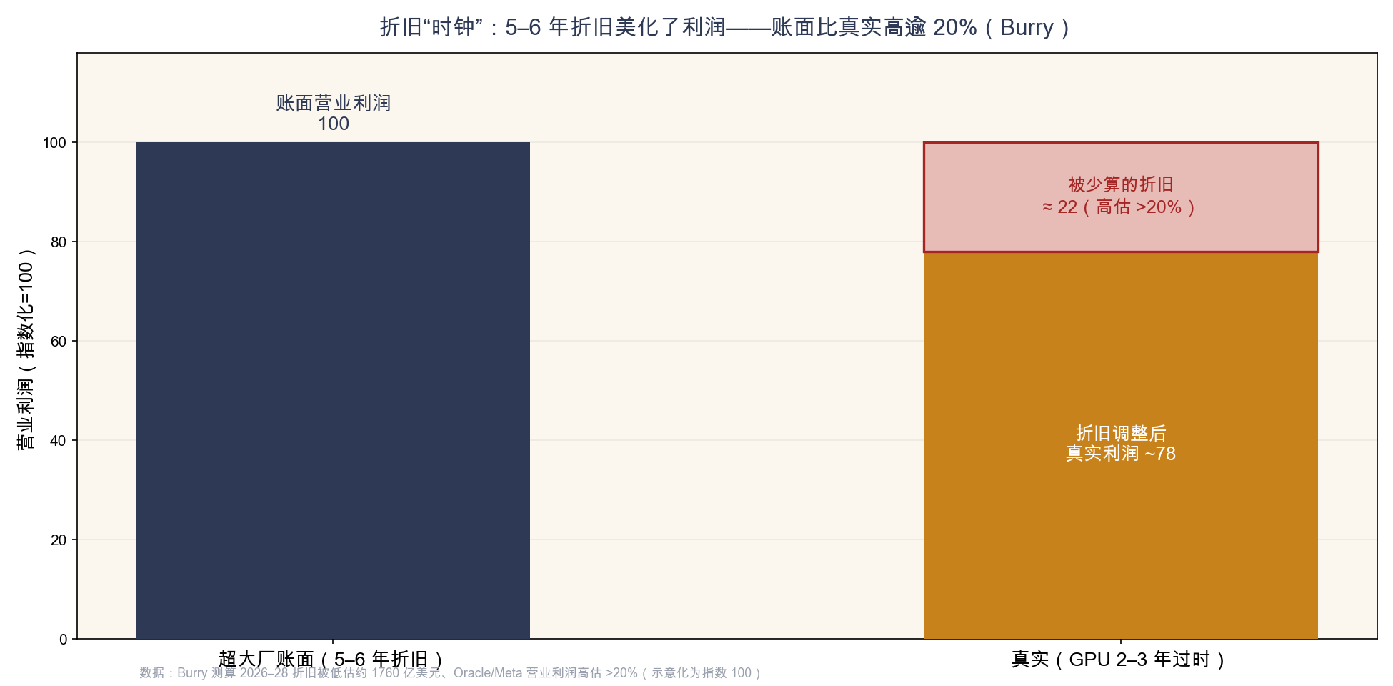 附图13　5–6 年会计折旧 vs GPU 2–3 年真实寿命：账面利润被高估逾 20%（Burry 口径）